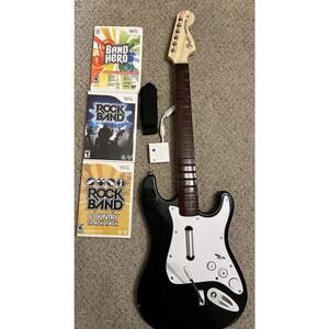 Nintendo Wii Rock Band Guitar w Dongle Strap 3 Games RockBand Country Band Hero